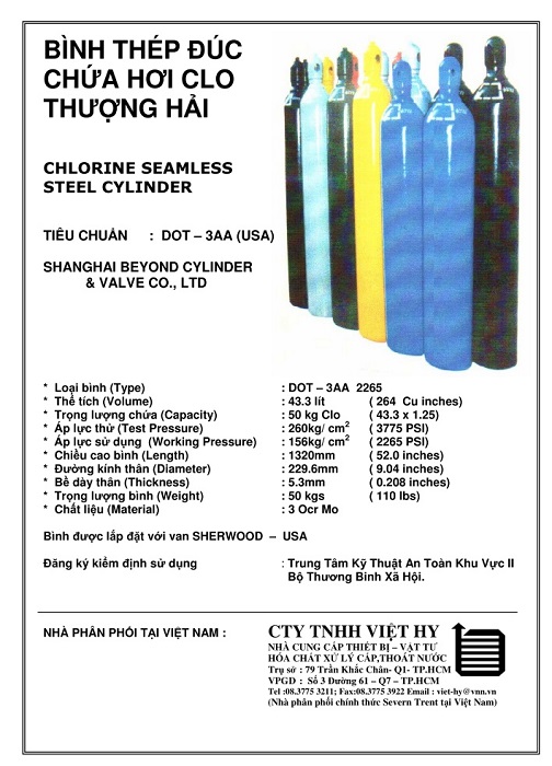 Bình thép chứa hơi Clo loại 50kg - Trung Quốc - Công Ty TNHH Thương Mại Và Dịch Vụ Việt Hy